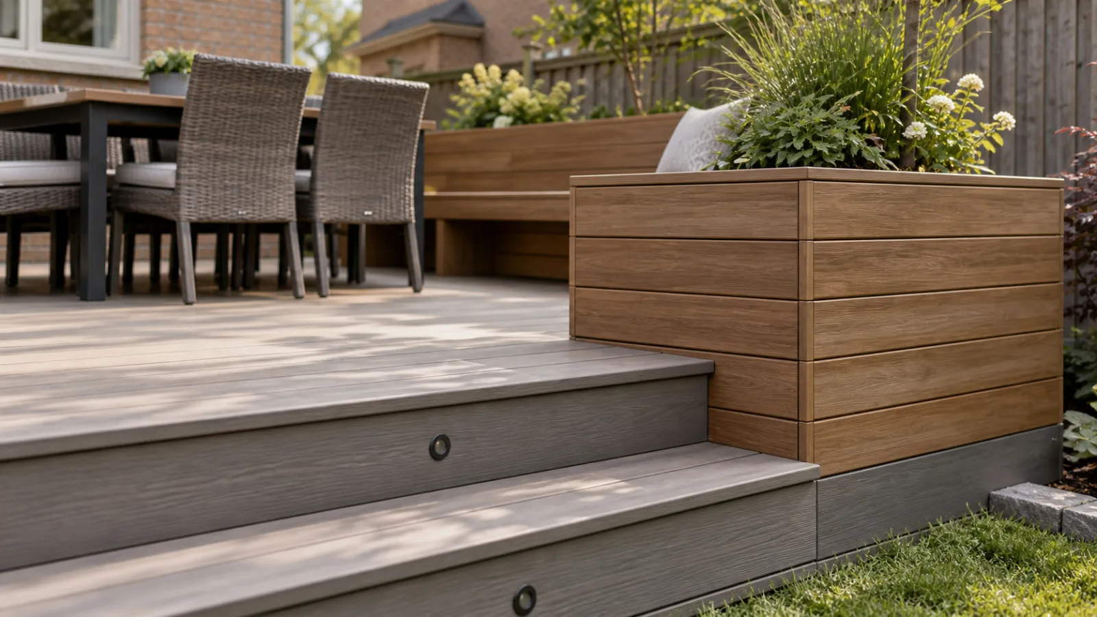 Concept image of composite deck boards, clean mitred edges and an integrated planter detail.