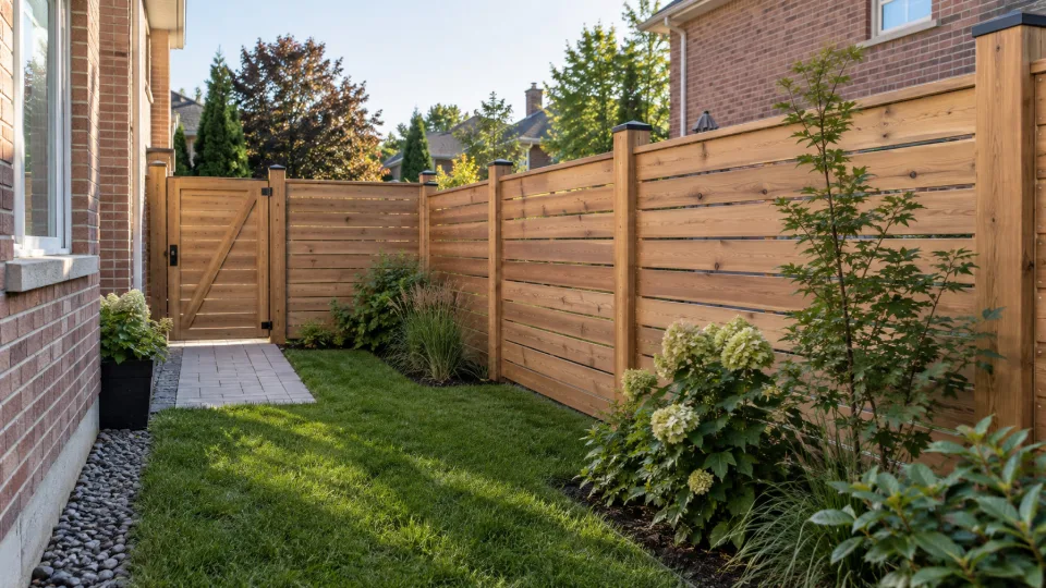 Concept image of a horizontal cedar privacy fence and gate in a narrow GTA side yard.
