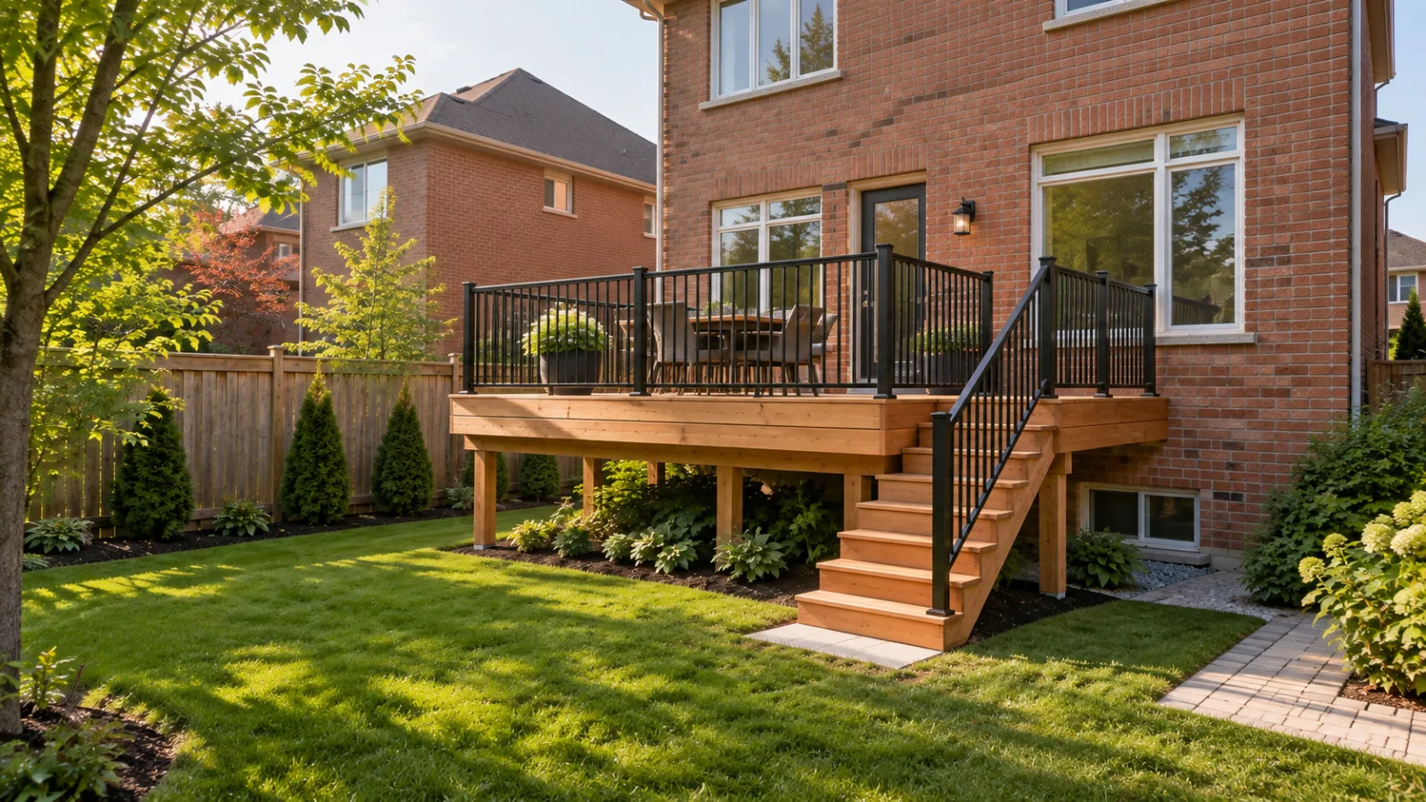 Concept image of the cedar deck from the garden showing the straight stair run and dining layout.