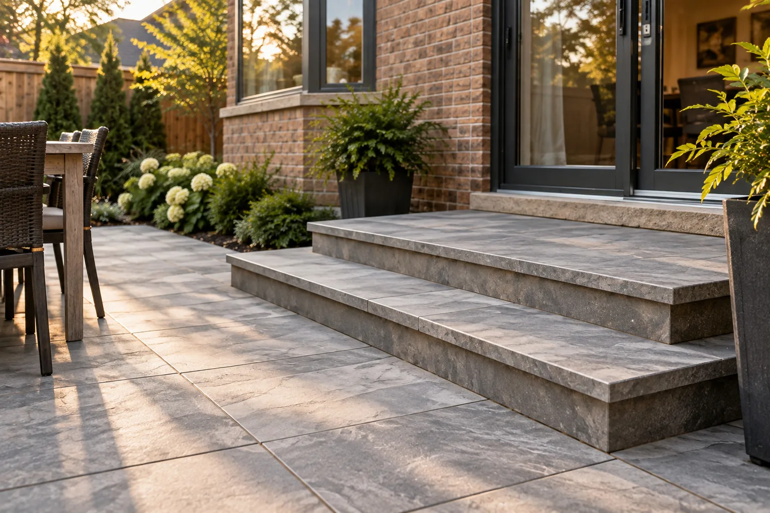 Concept image of large patio stones with disciplined joints and a clean finished edge.