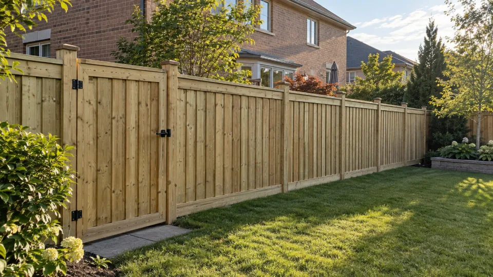 Concept image of a new pressure-treated board-on-board fence around a detached-home backyard.