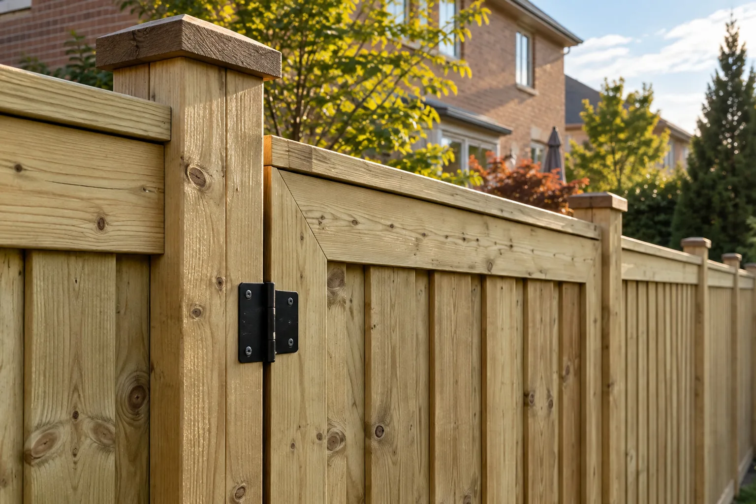 Concept image of overlapping vertical fence boards, clean fasteners and a capped wood post.