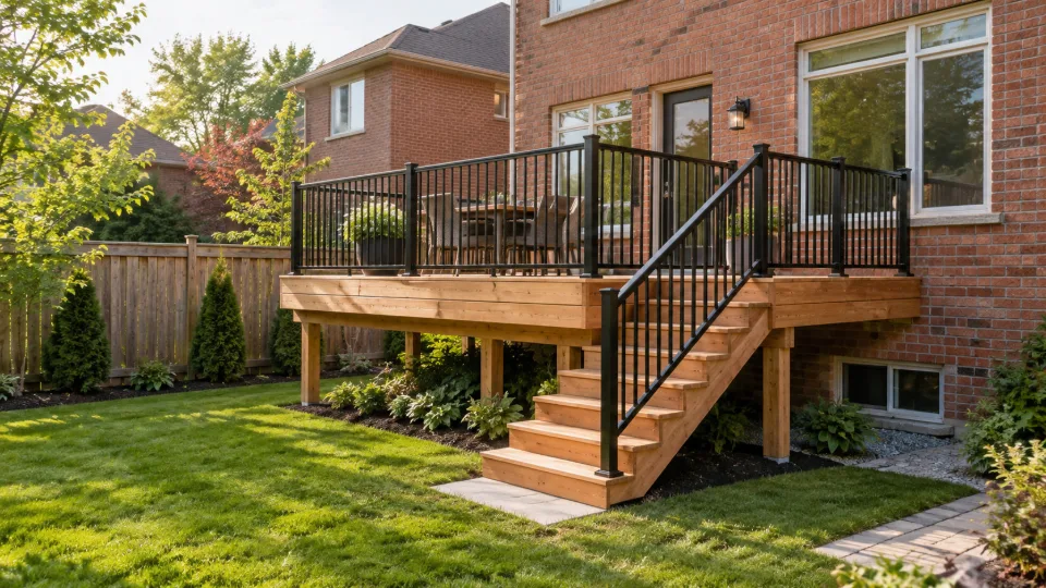 Concept image of an elevated cedar deck with black aluminum railings behind a two-storey brick home.