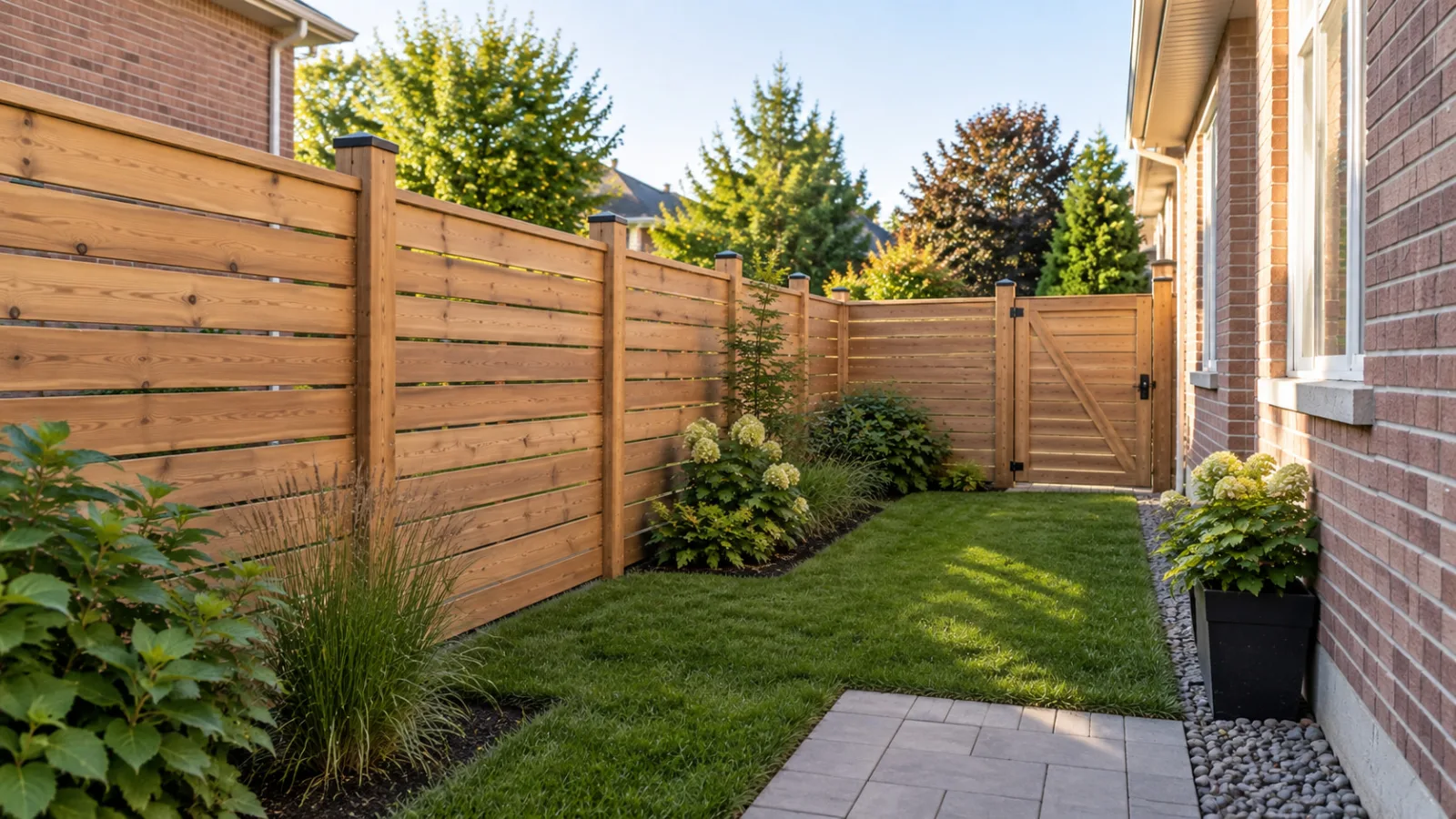 Concept image of the pedestrian gate opening toward the backyard path and lawn boundary.