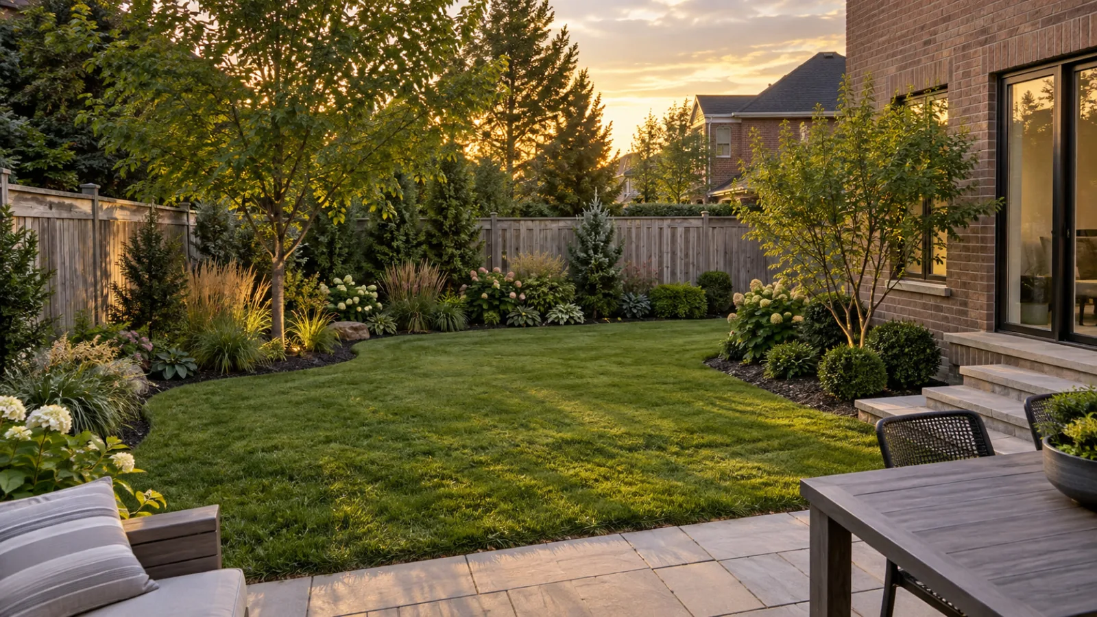 Concept image of a renewed backyard lawn with layered planting beds and privacy shrubs.
