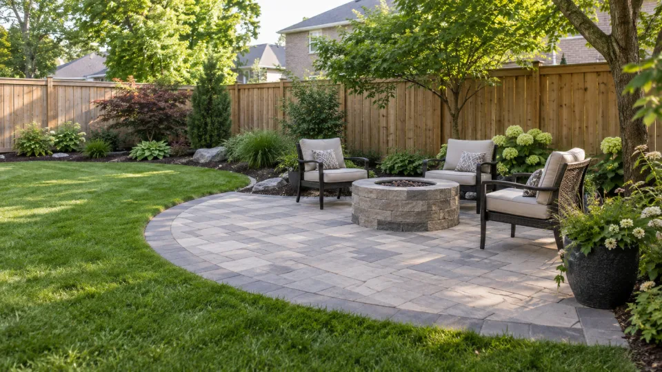 Concept image of a curved garden stone sitting area integrated into a GTA backyard lawn.