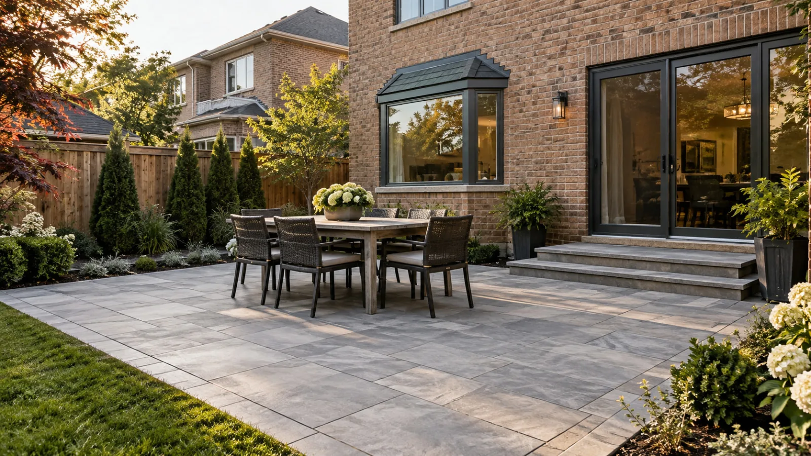 Concept image of a large-format rectangular stone dining patio behind a realistic GTA home.