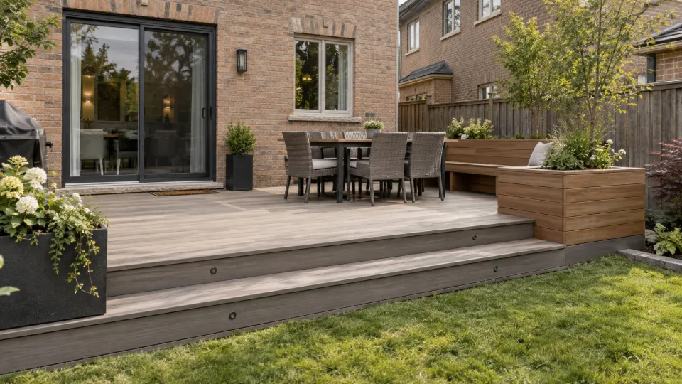 Concept image of a warm-grey ground-level composite deck with broad steps behind a GTA brick home.