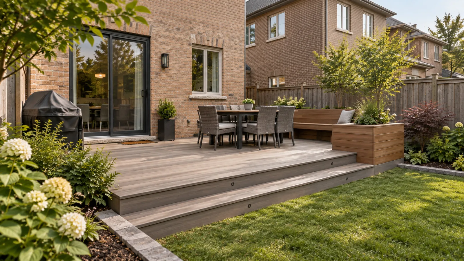 Concept image of the composite entertaining deck from a side angle showing seating and the lawn connection.