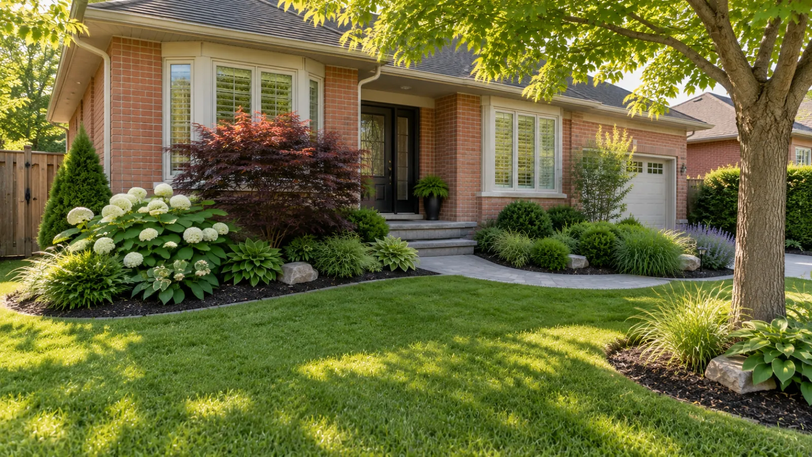 Concept image of the front yard transition between the entrance walkway, planting bed and lawn.