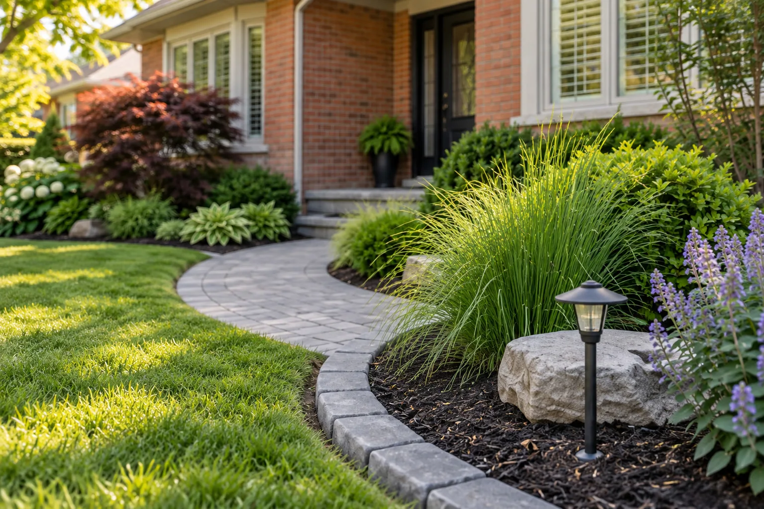 Concept image of ornamental grasses, flowering perennials, mulch and a crisp garden edge.